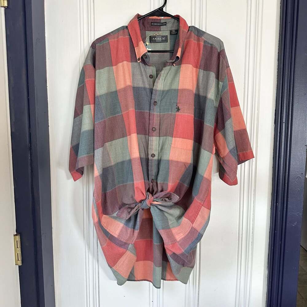Vintage Knights Plaid Short Sleeve Button-Down Shirt, Size Large Tall